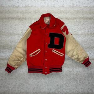 True Vintage 50s Ripon Varsity Jacket Mens XS Red Tan Leather Sleeves Wisconsin